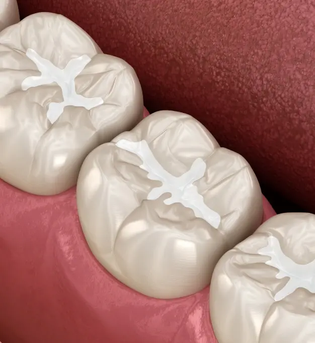 Dental sealants applied to molars shown on pink gum tissue model.